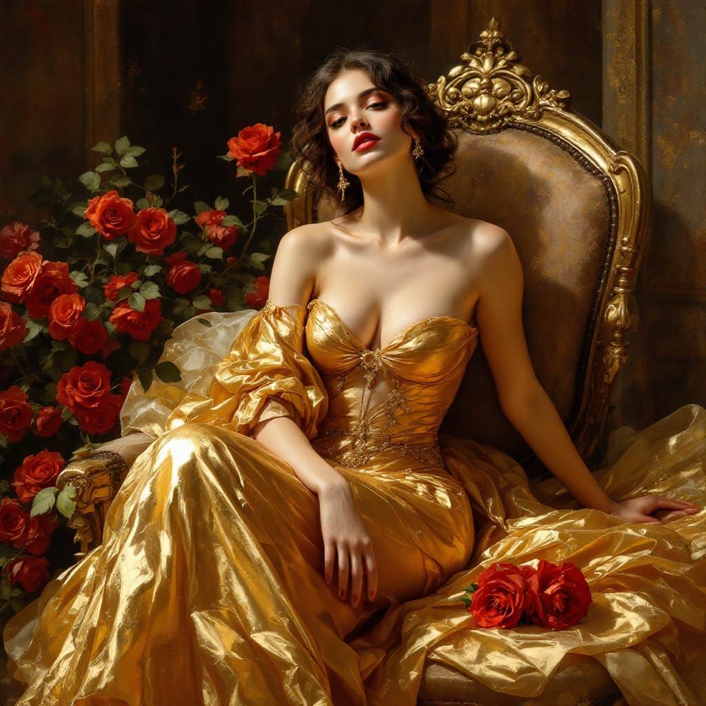 Woman in Golden Dress with Roses: Fantasy Art