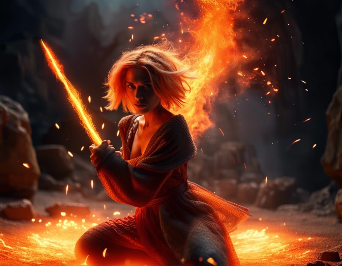 Fiery Woman Kneeling with Flaming Sword in Cavern