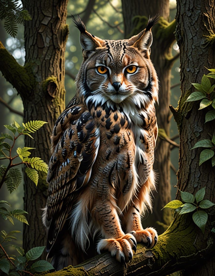 Majestic Lynx Owl Hybrid Soars on Tree Branch