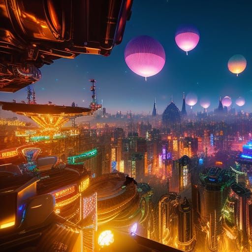 Cyberpunk Balloon Parade in Ethereal Style