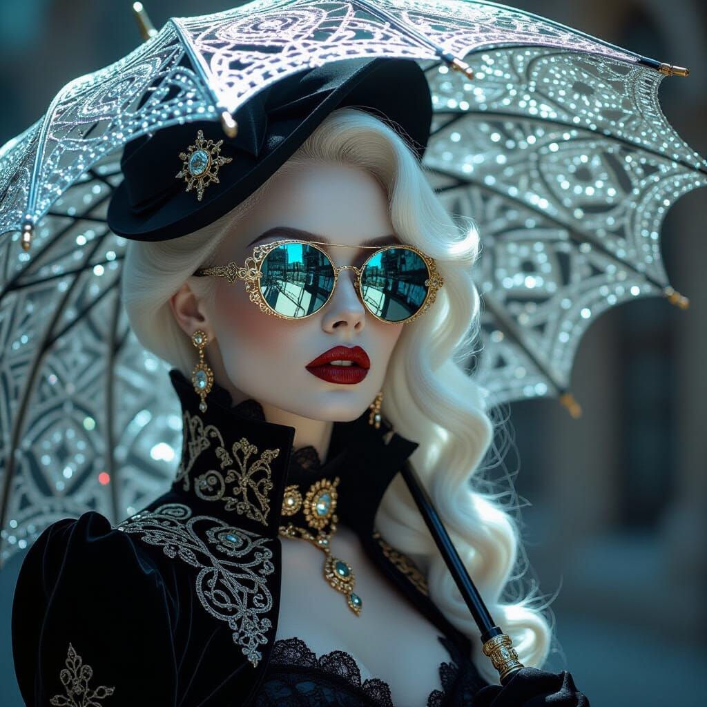 Vampire Femme Fatale in Victorian Attire with Reflective Umb...