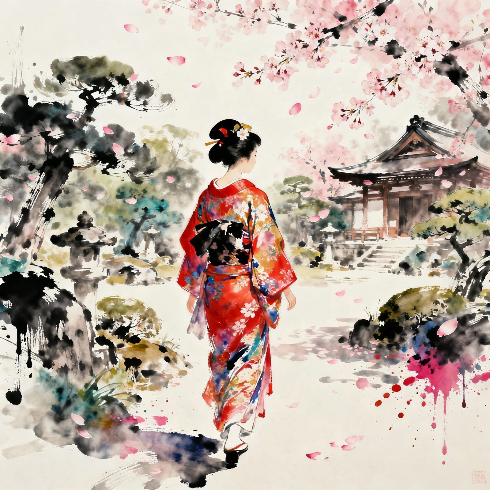 Elegant Geisha in Blooming Japanese Garden