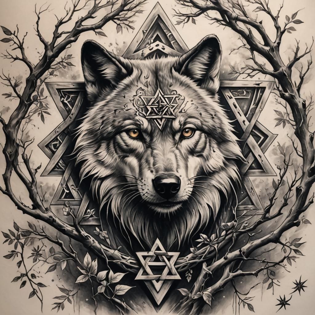Detailed Charcoal Arm Tattoo with Wolf and Star