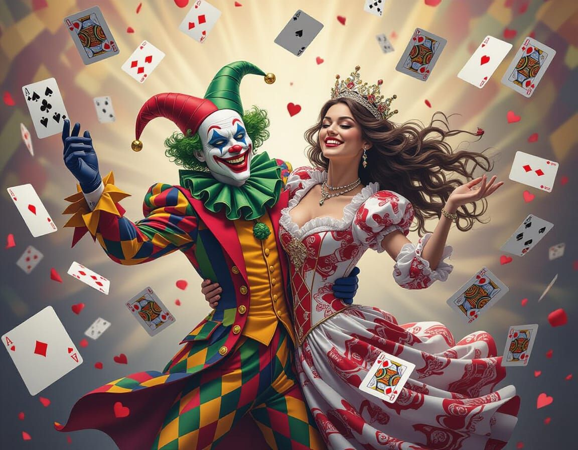 Joker Dances Before Queen of Hearts Amidst Falling Cards