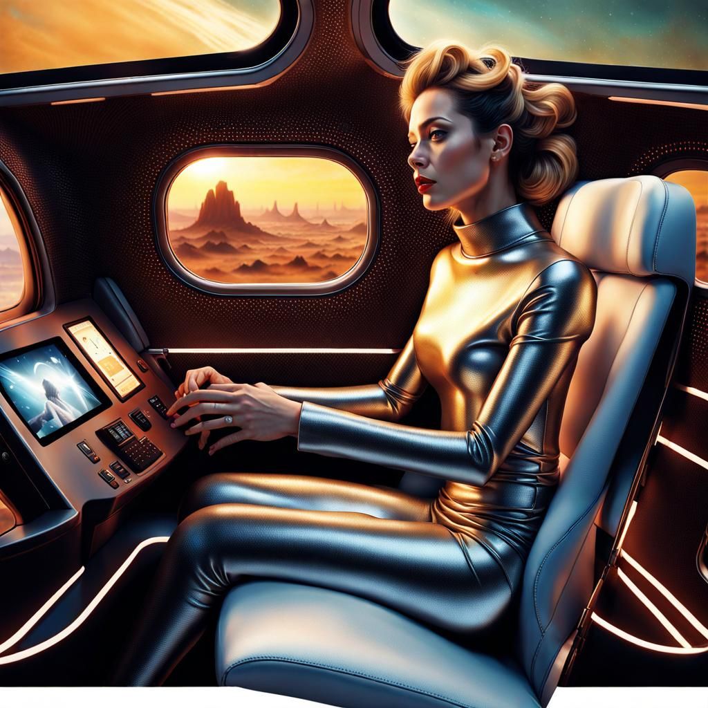 Alien Woman on Futuristic Airplane in Elegant Realism Style