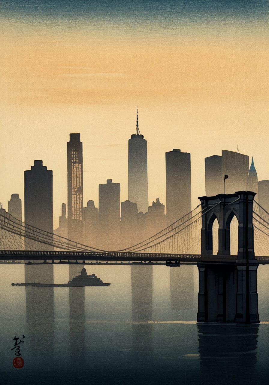 Ethereal Manhattan Sunset in Sumi-e Ink