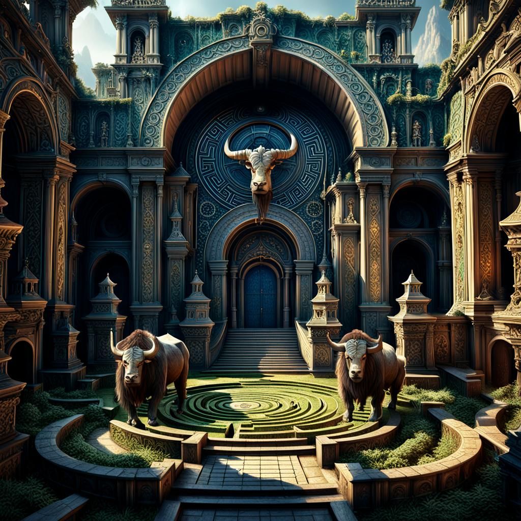 Minotaur Guarding Labyrinth Entrance, Detailed Matte Paintin...