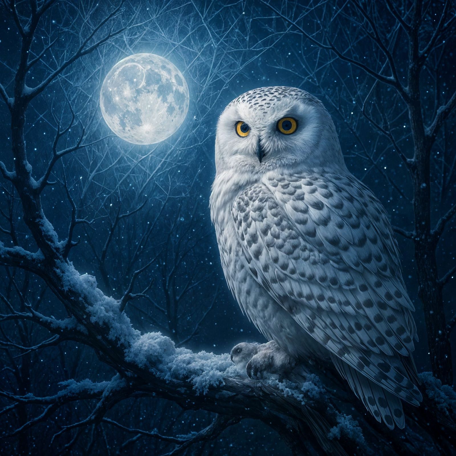 Snow Owl in Moonlit Winter Fractal Art