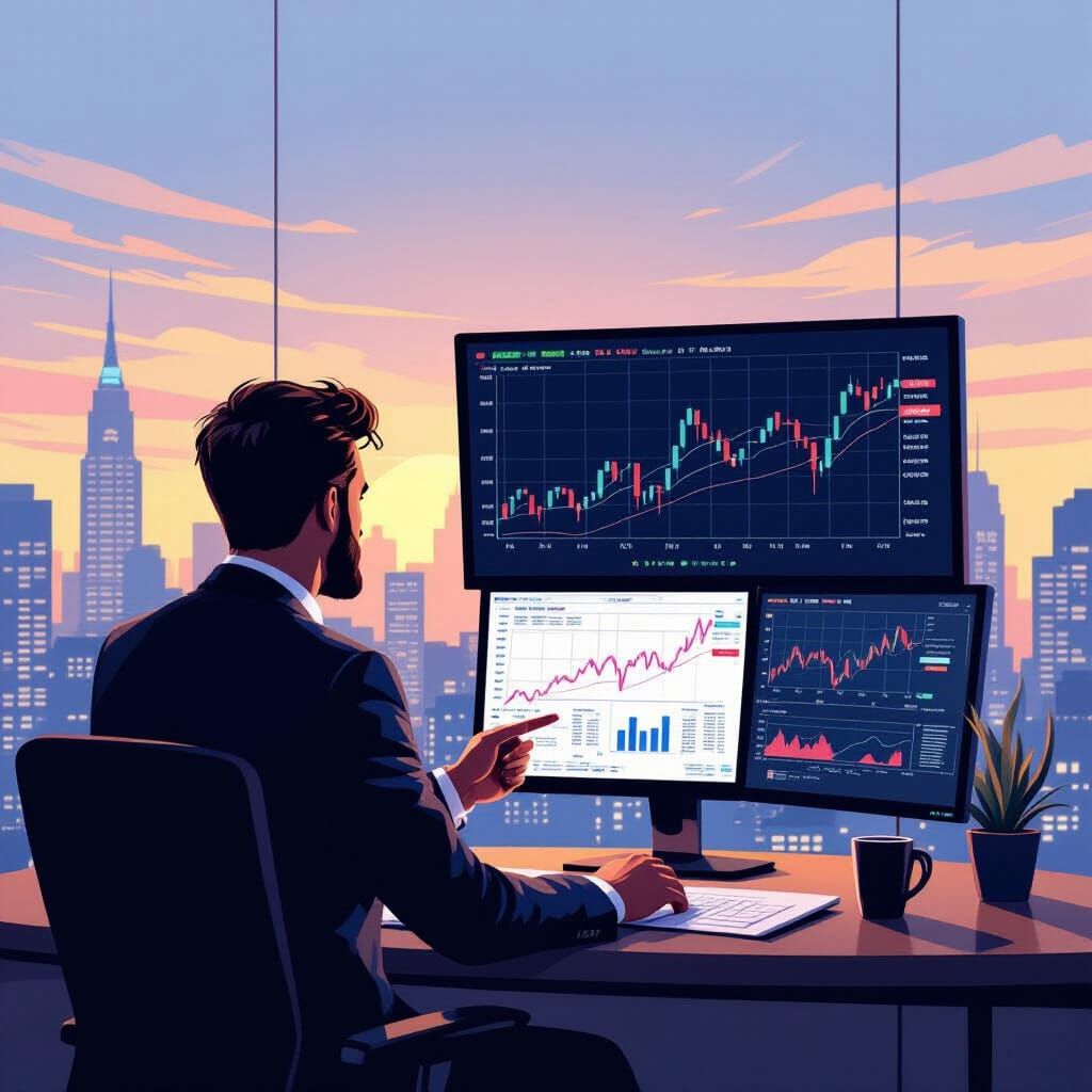 Businessman Analyzing Stock Charts in Professional Illustrat...