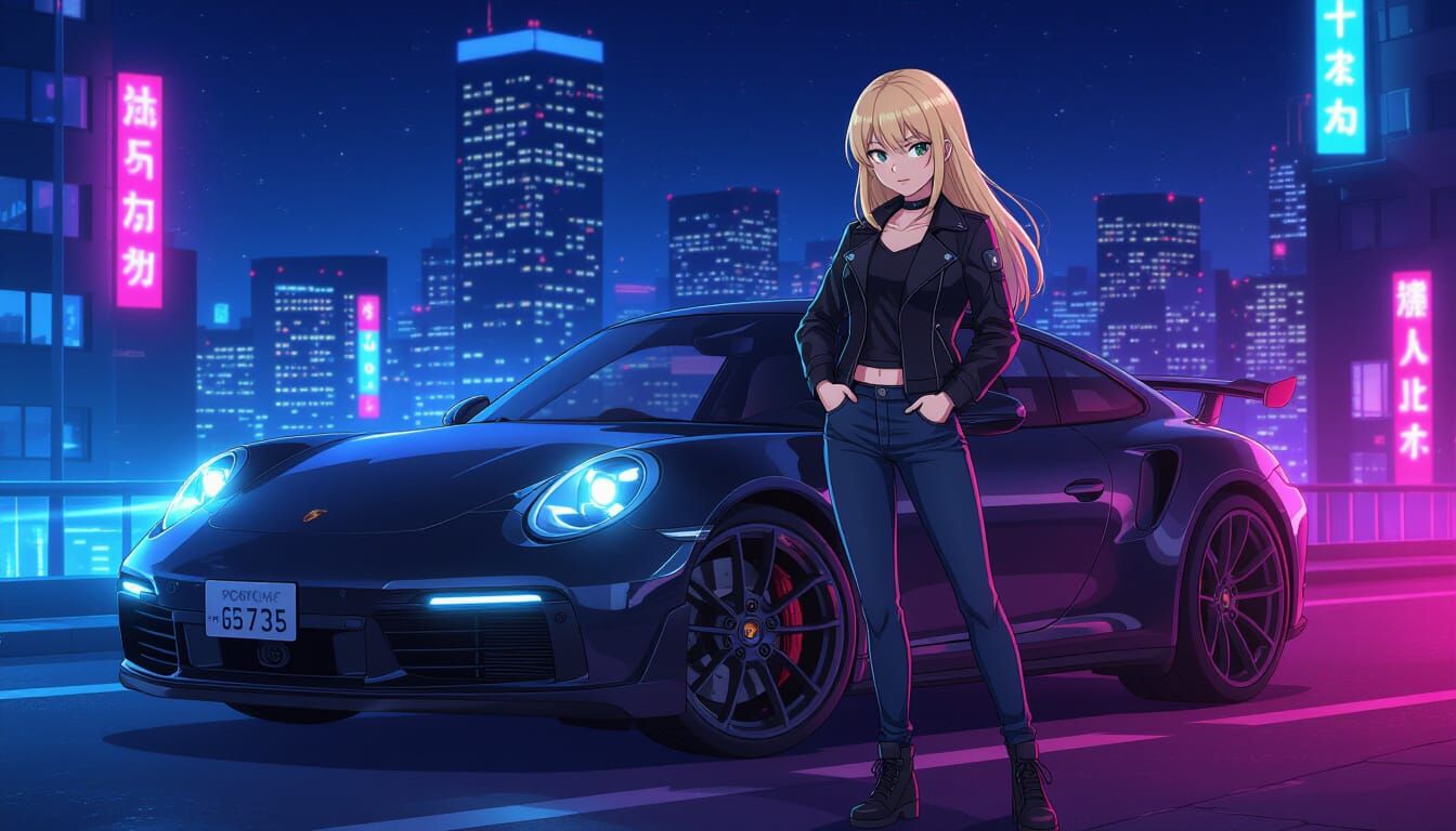 Anime Girl Poses With Porsche GTS Under Neon City Lights