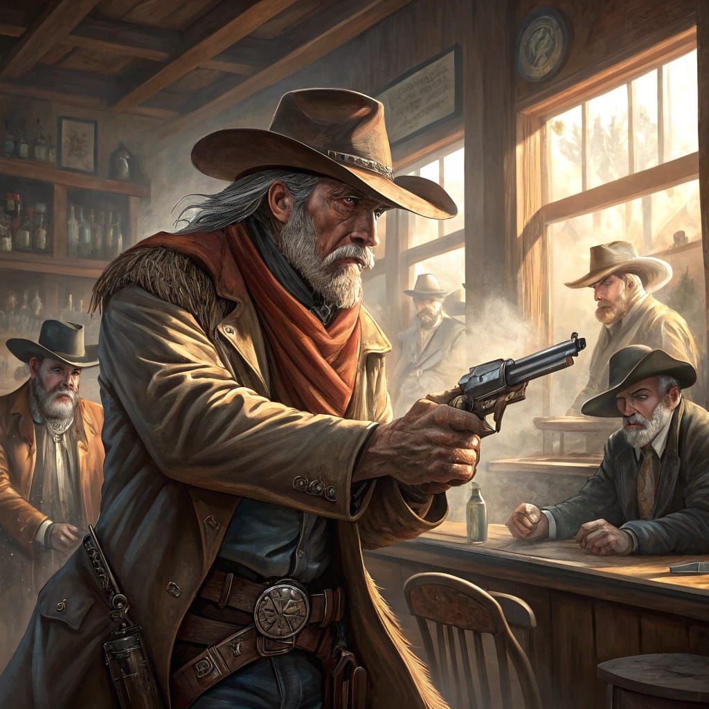 Cowboy Standoff in Saloon, Dramatic Western Painting