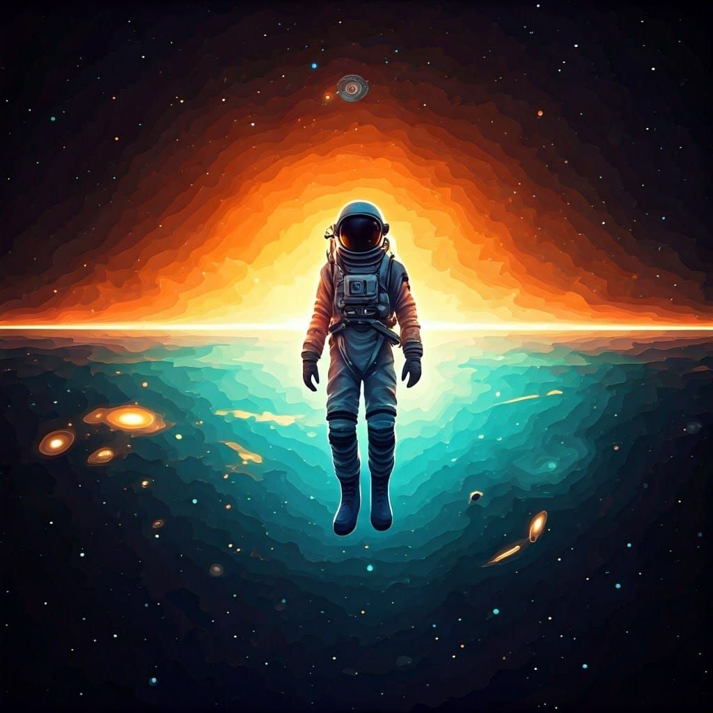 Astronaut Adrift in Starry Cosmos: Watercolor and Gouache