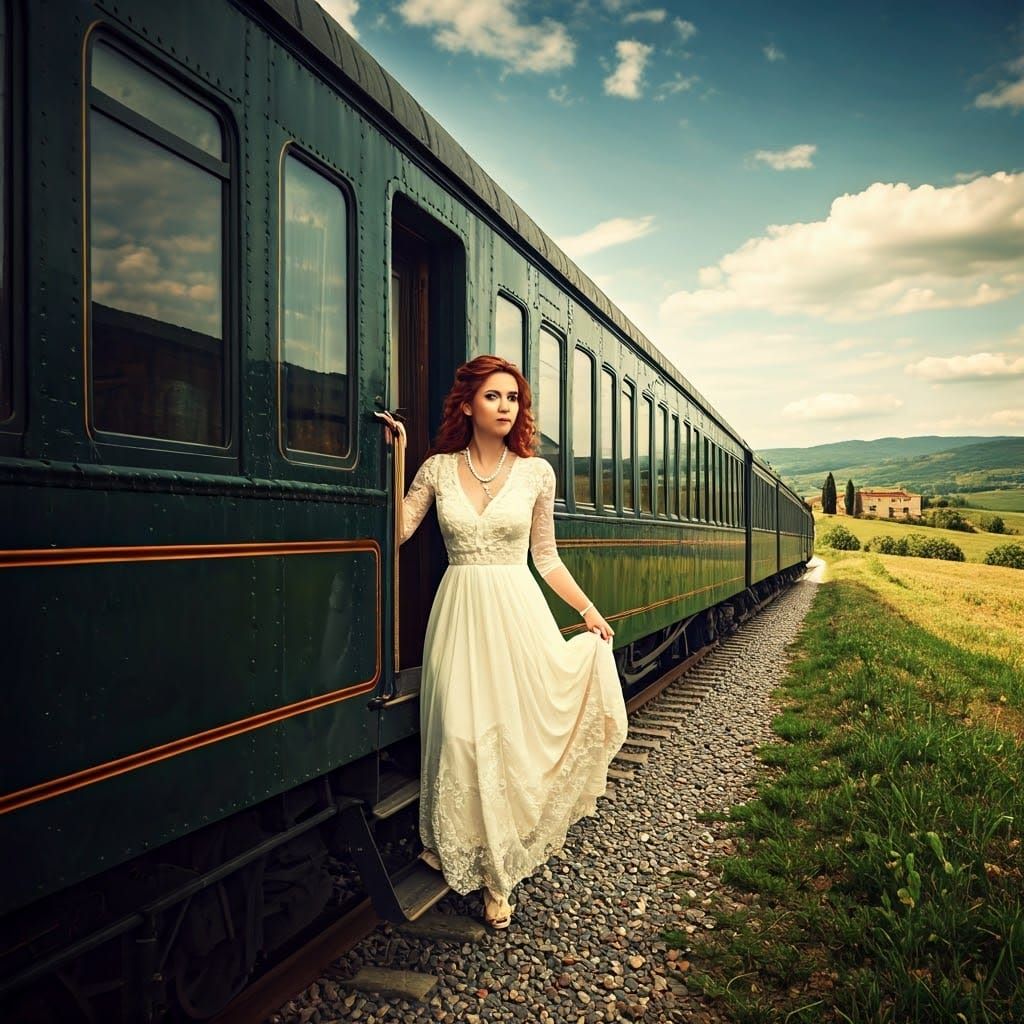 Elegant Woman on Train in Tuscany, Digital Painting