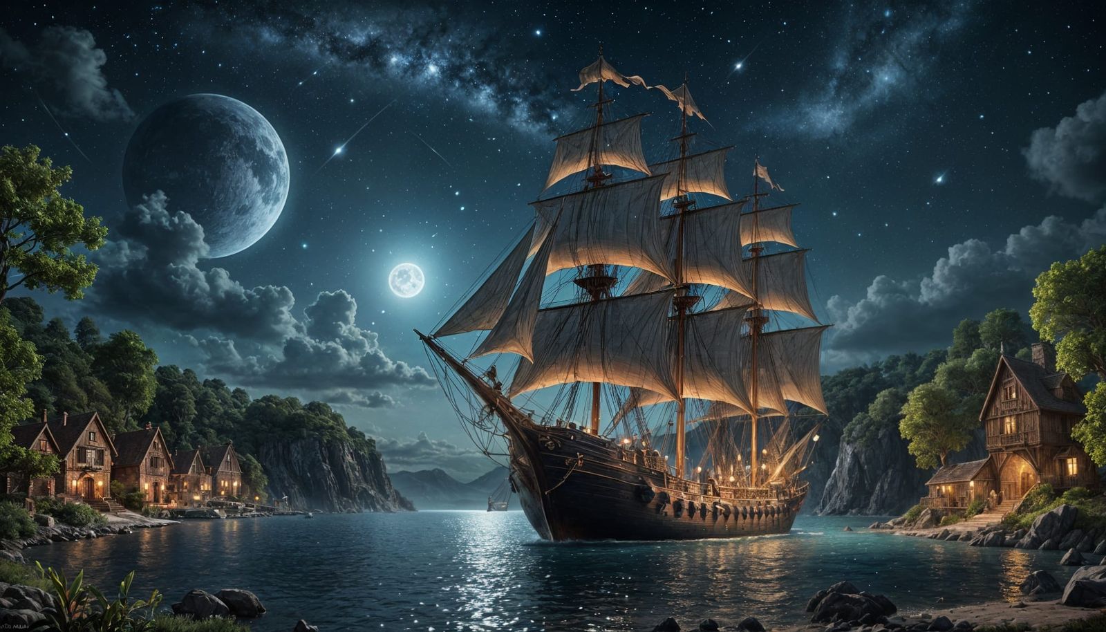 Three-Masted Ship at Night in Detailed Matte Painting