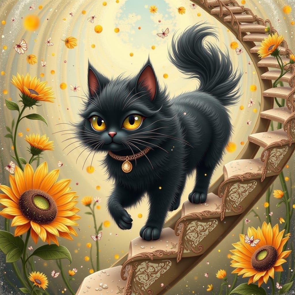 Black Persian Cat on Sunflower Stairs as Impressionist Oil P...