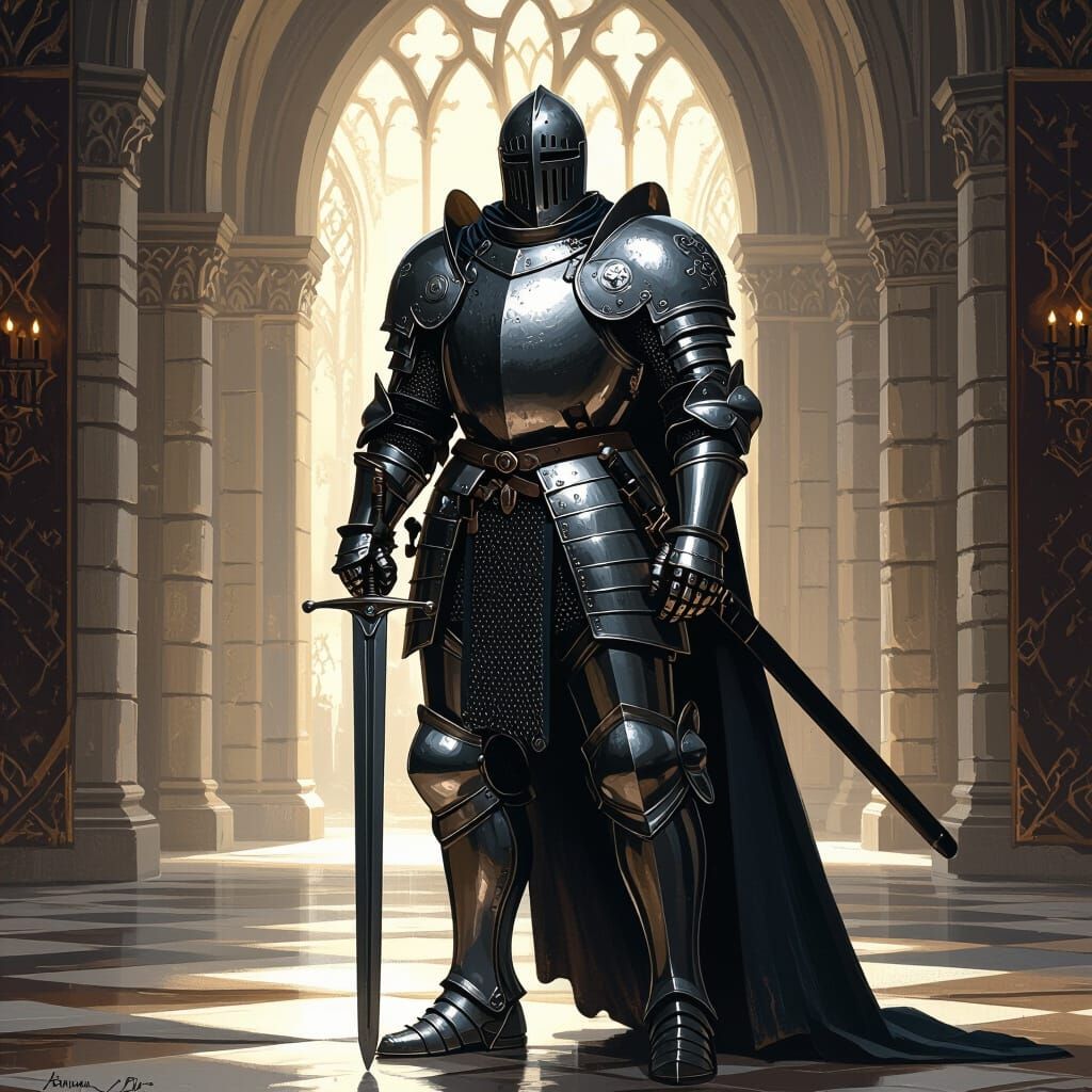 Medieval Knight in Steel Armor, Retro Sci-Fi Style
