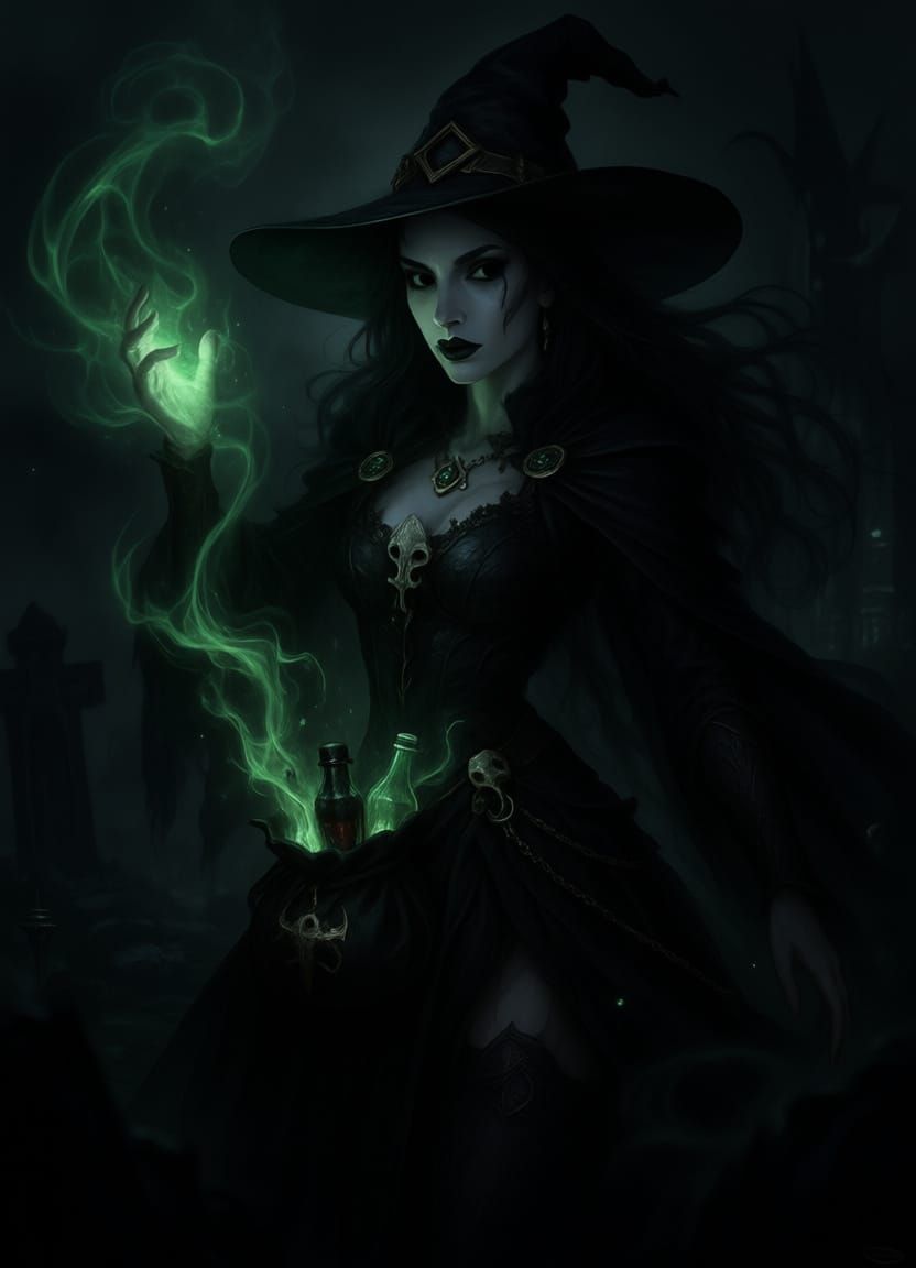 Elegant Necromancer Wizard in Moonlit Graveyard