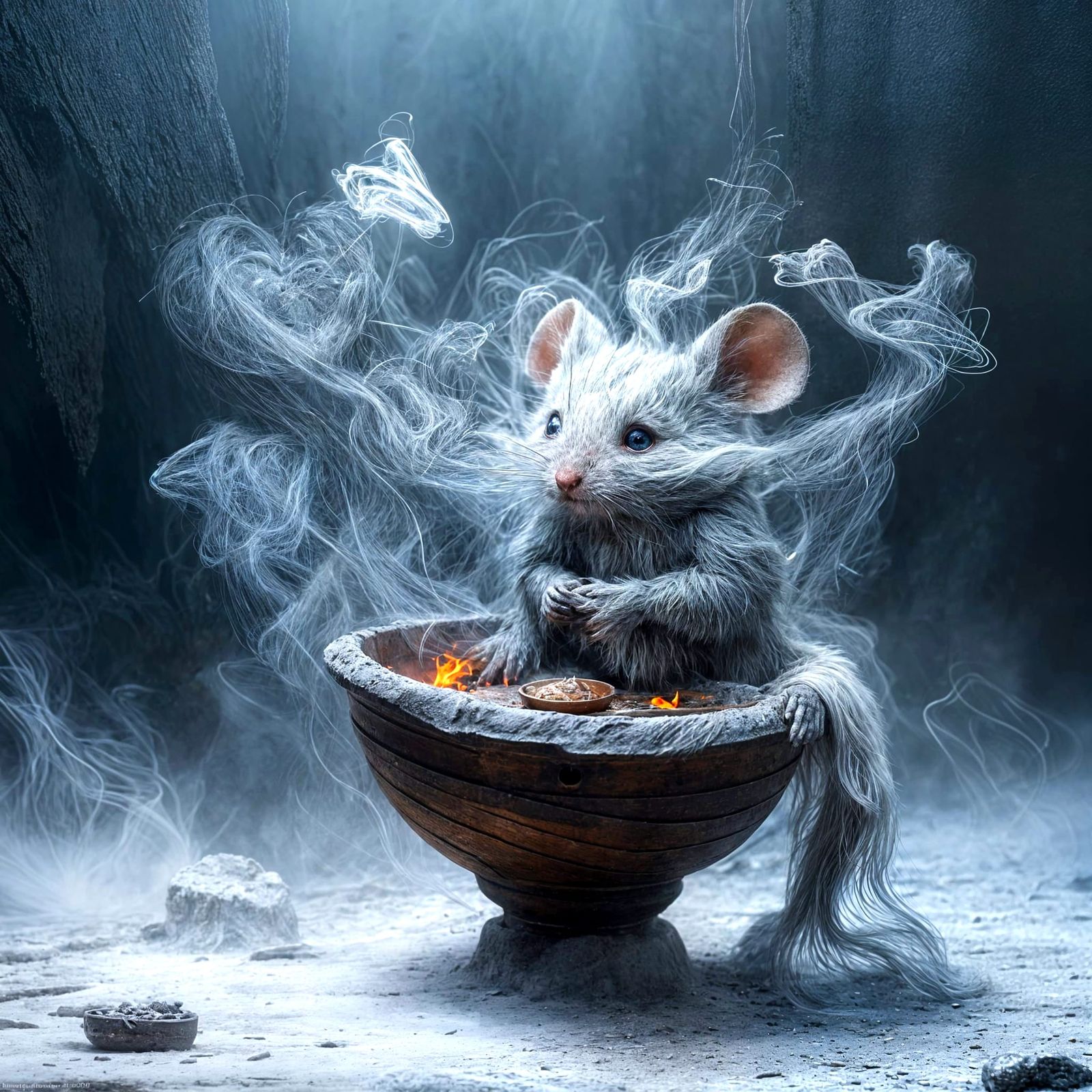 Cute, Scruffy Mouse-Like Humanoid Beggar in Smokey Cavern