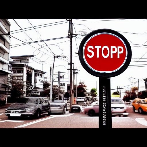 Anime Streetscape with Stop Sign in Synthwave Sunset