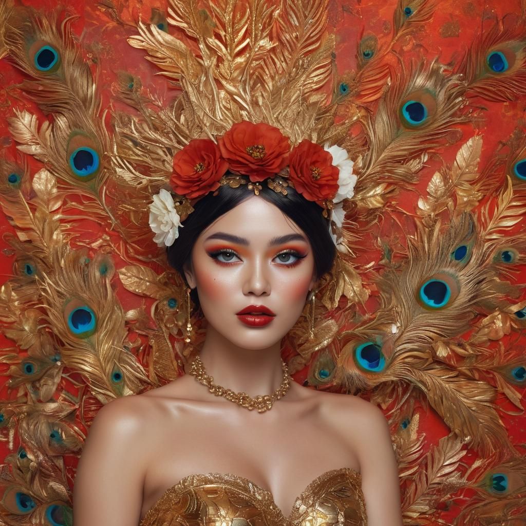 Fantasy Women with Metallic Gold Skin and Peacock Feathers