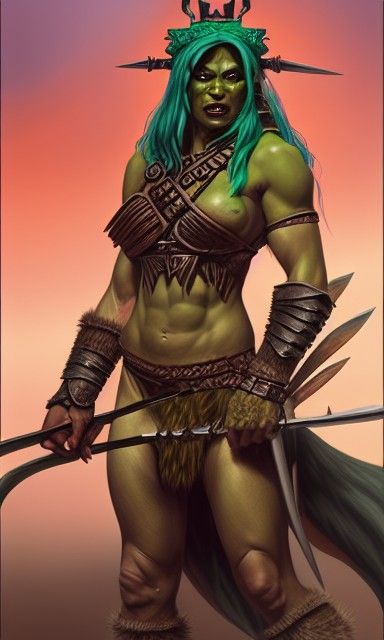 Enraged Half-orc Barbarian Queen: Maximalist Matte Painting