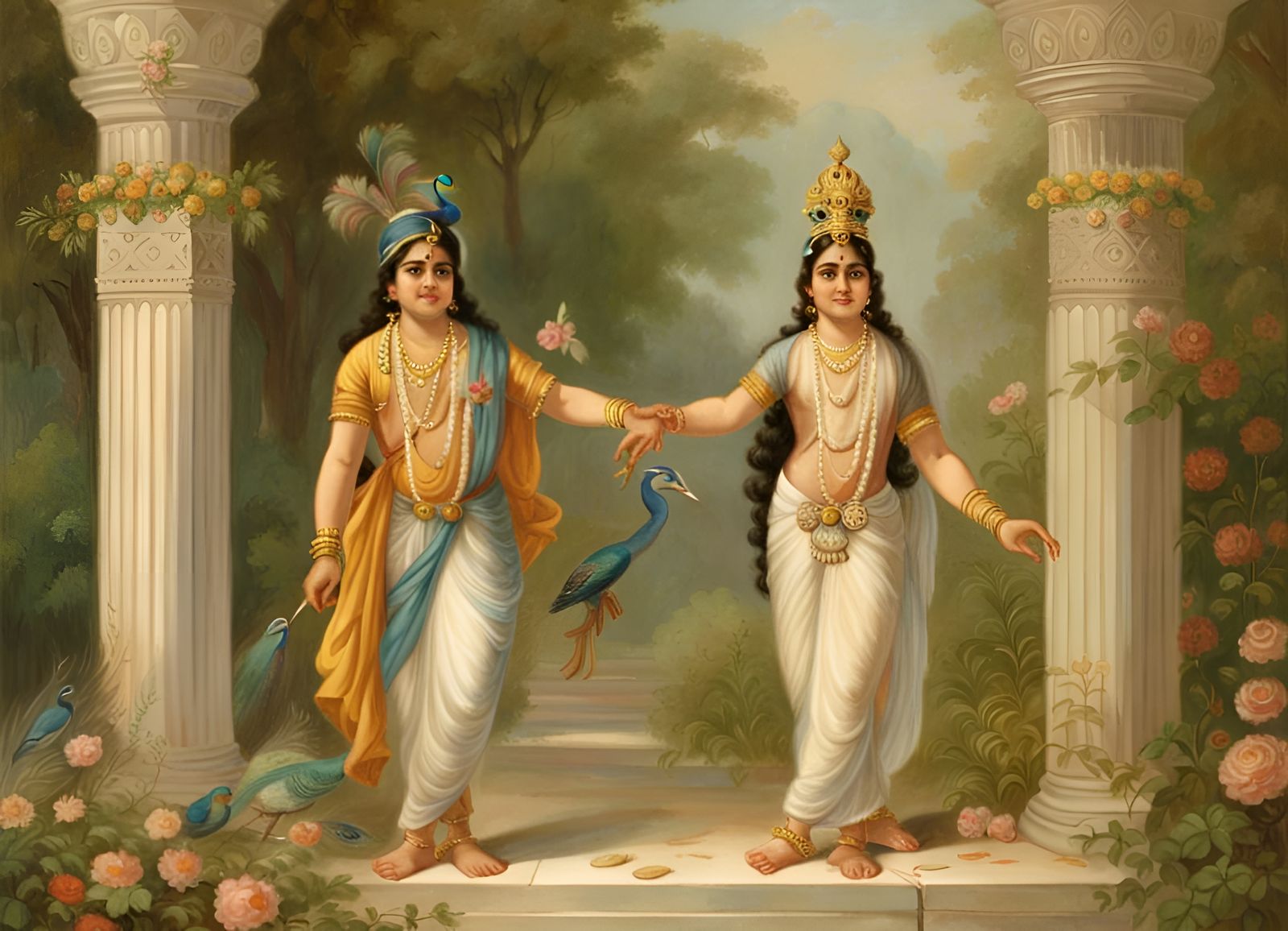 Krishna and Radha in a Raja Ravi Varma Style Painting