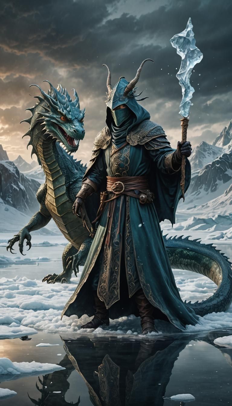 The water dragon emerges with grandeur, ice shards flying around.