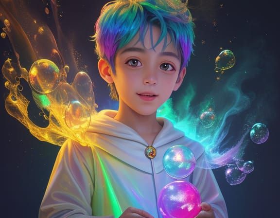 Child Alchemist Mixes Glowing Potions in Ethereal Light