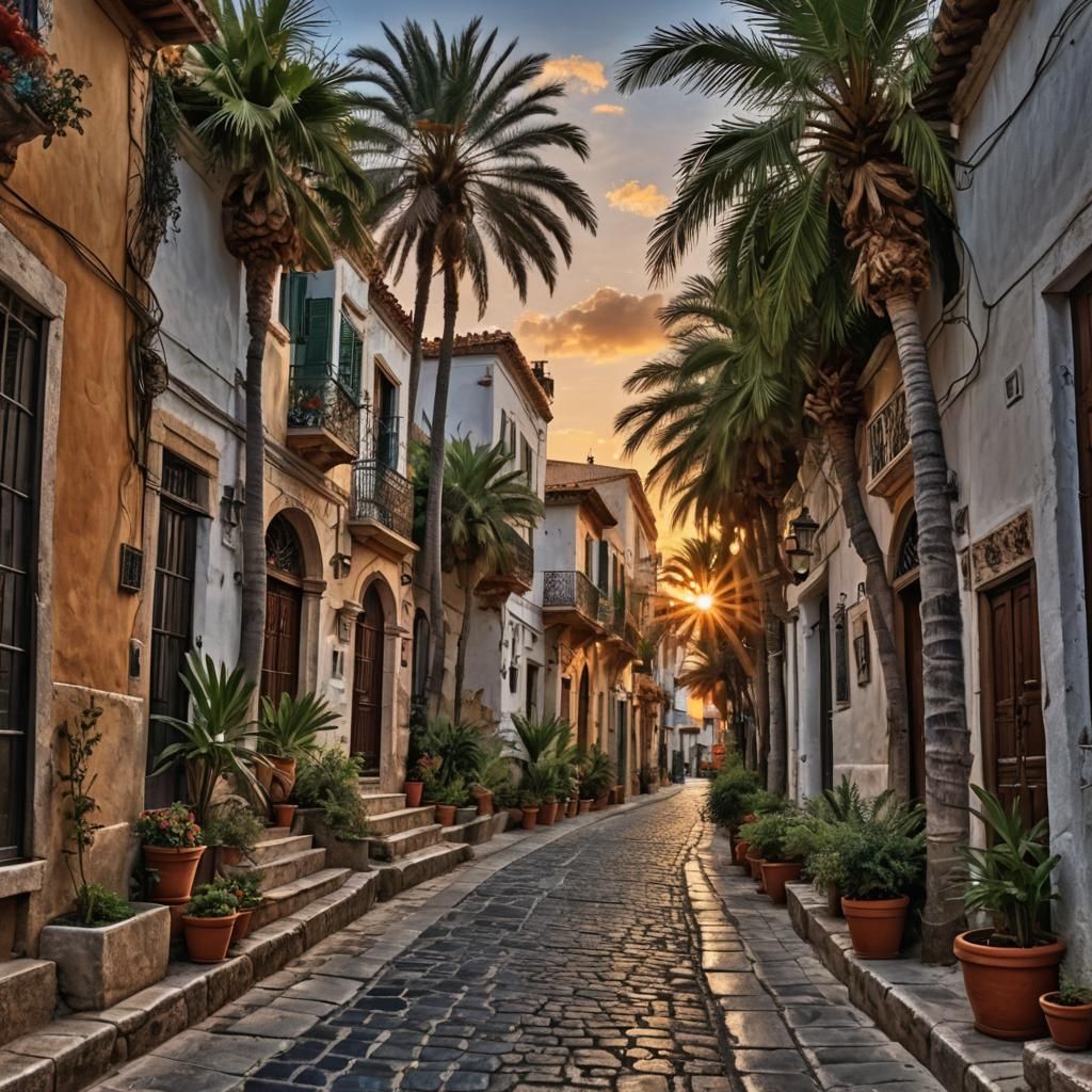 "Mediterrane romantische lange Gasse zwischen vielen verzier...