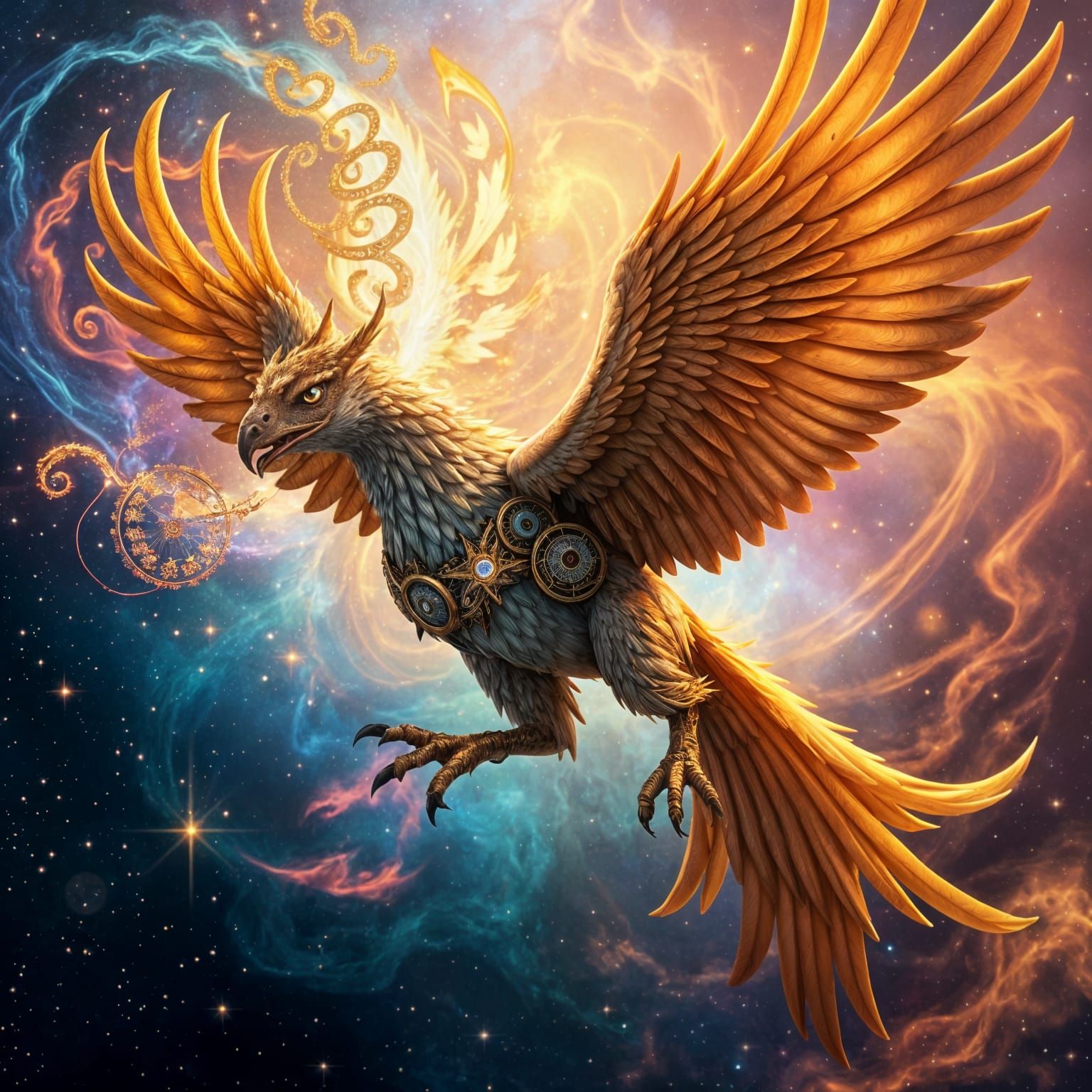 Griffin Soaring Through Nebula as Digital Art