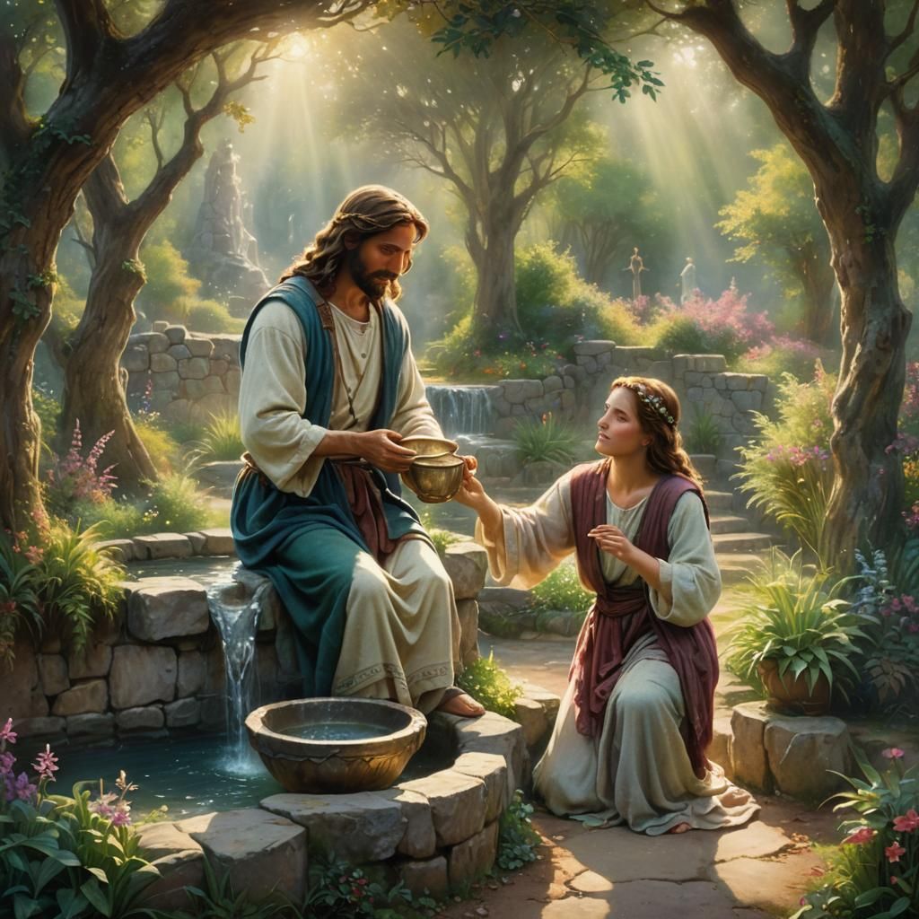 Jesus and Samaritan Woman: Ethereal Pastel Fantasy