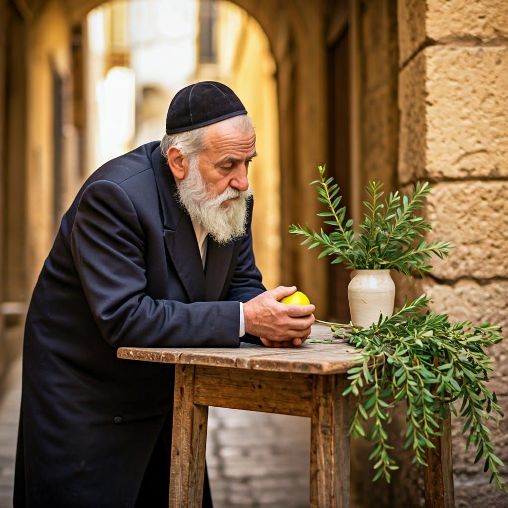 Elderly Jewish Man Inspects Citrus and Myrtus in a Vibrant J...