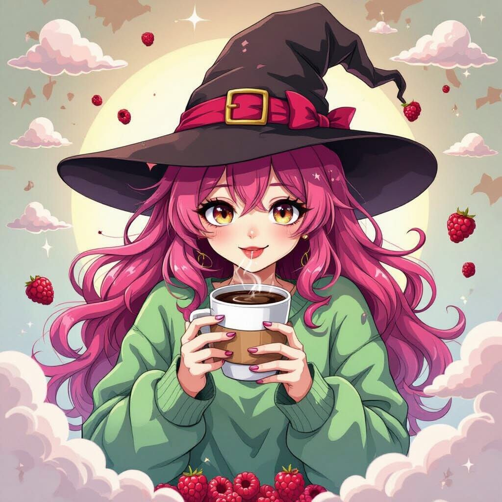 Mystical Anime Witch with Pink Hair Holds Coffee Cup