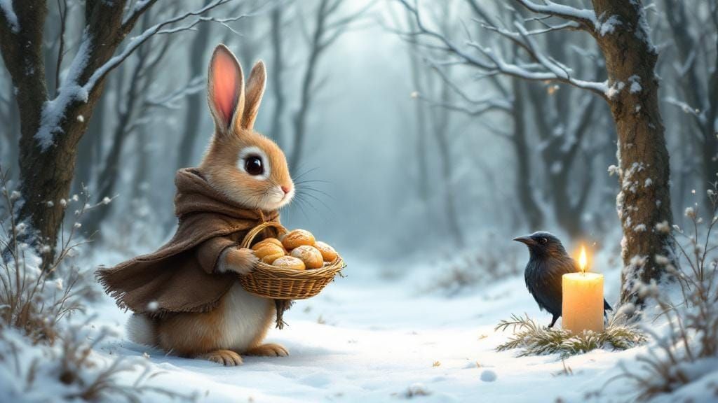 Rabbit and Crow in Snowy Forest with Candlelight