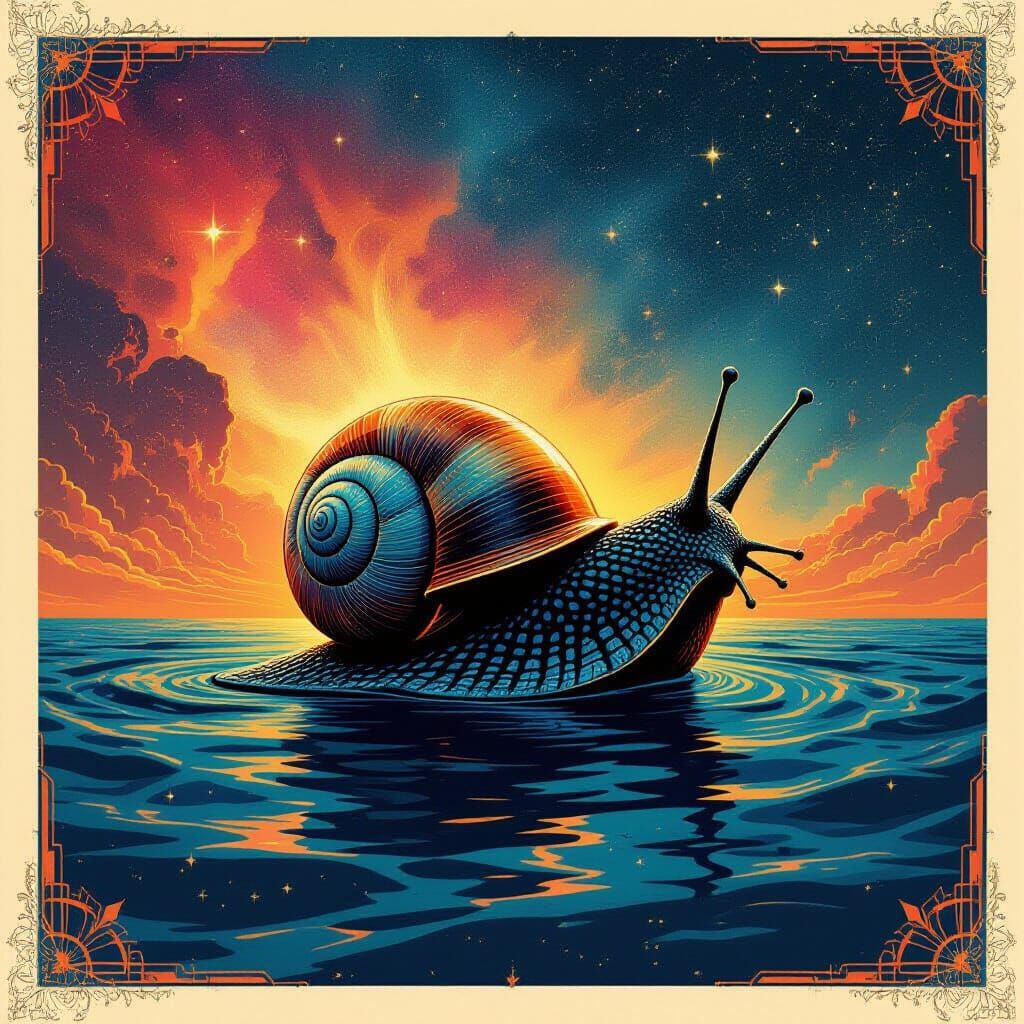 Art Deco poster. A majestic snail breaching from a cosmic oc...
