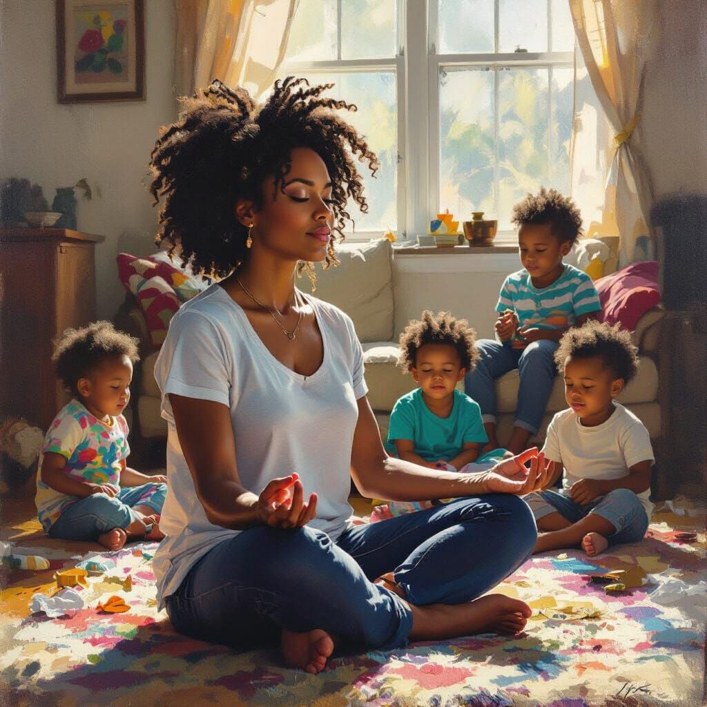 Serene Mother Meditates Amidst Playful Chaos