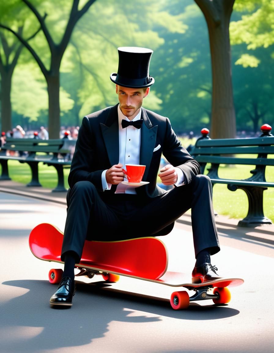 English Gentleman on Neon Skateboard in Park
