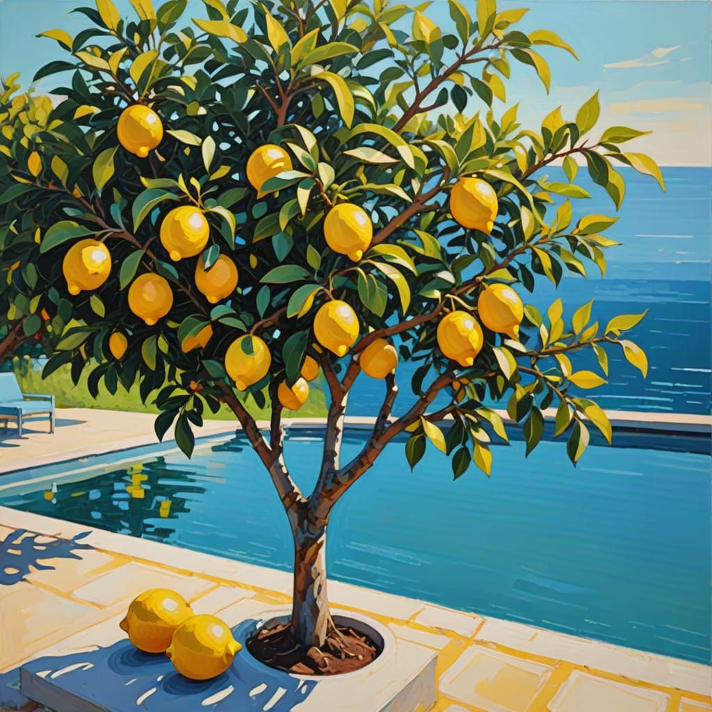 Expressionist Lemon Tree Color Field Painting with Neon