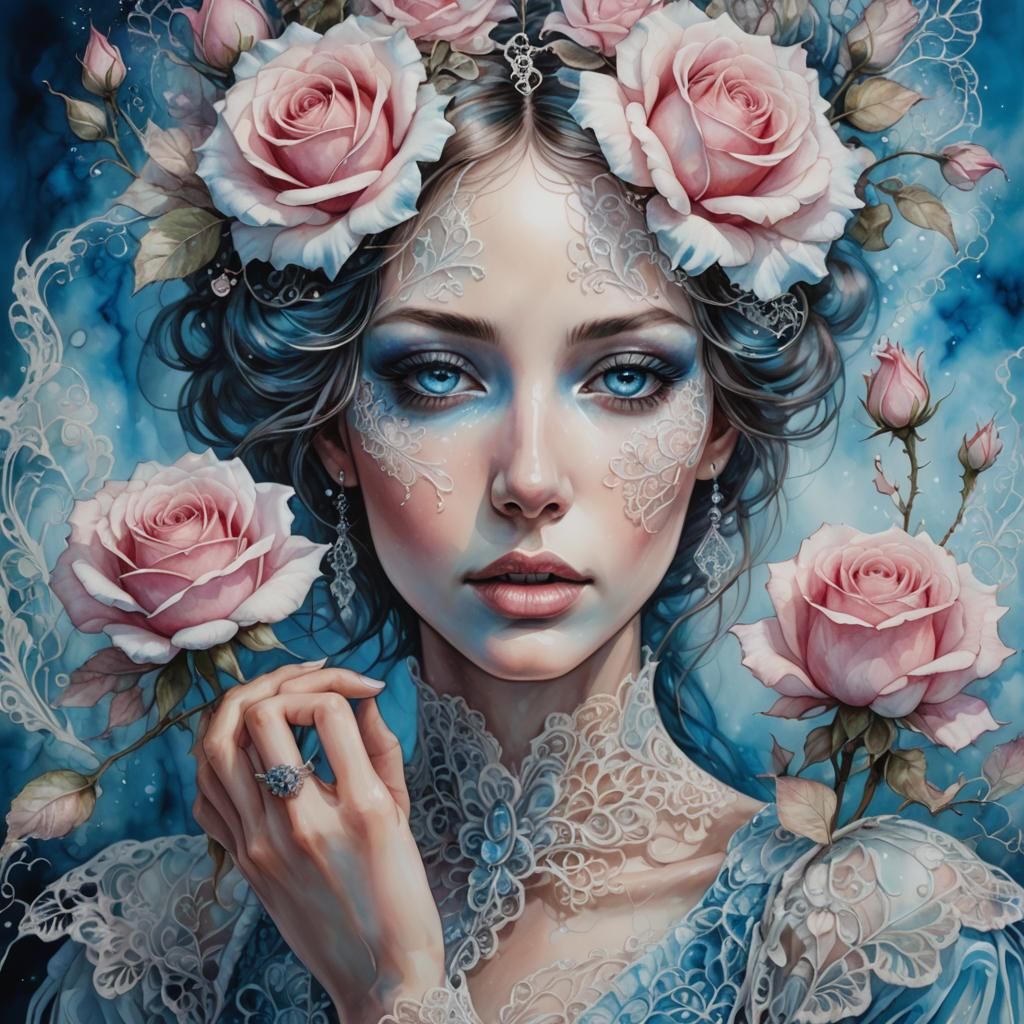 Ethereal Humanoid Portrait with Rose, Surreal Alcohol Ink