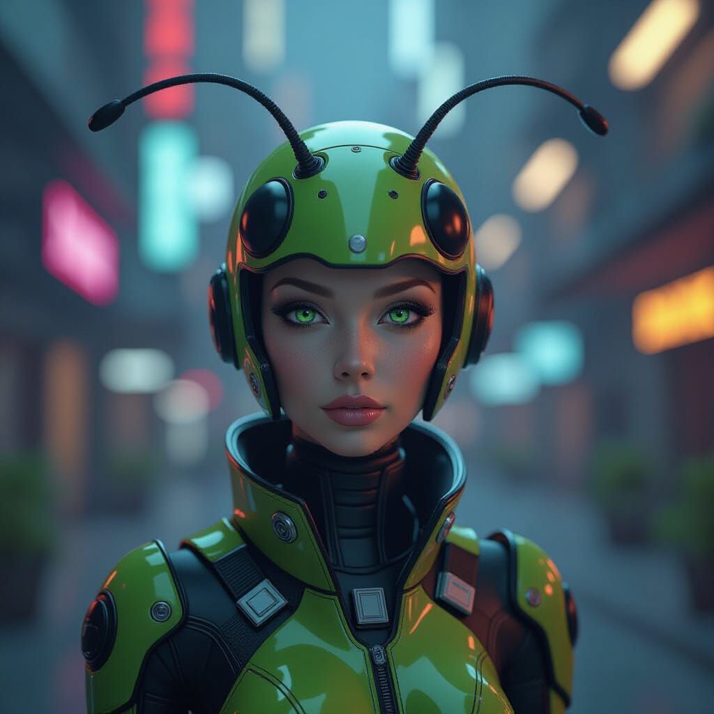 Chartreuse Humanoid Fly in Vibrant Spaceport, Hyper-Realisti...