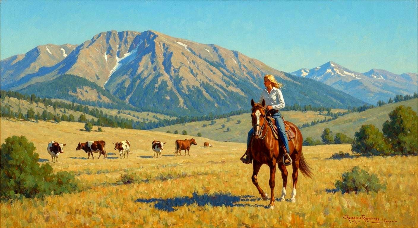 Cowgirl in the Sawtooth Mountains: An Impressionistic Oil Pa...