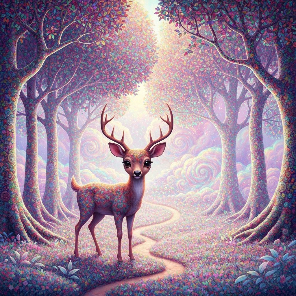 Deer in Kaleidoscopic Forest, Surrealist Digital Art