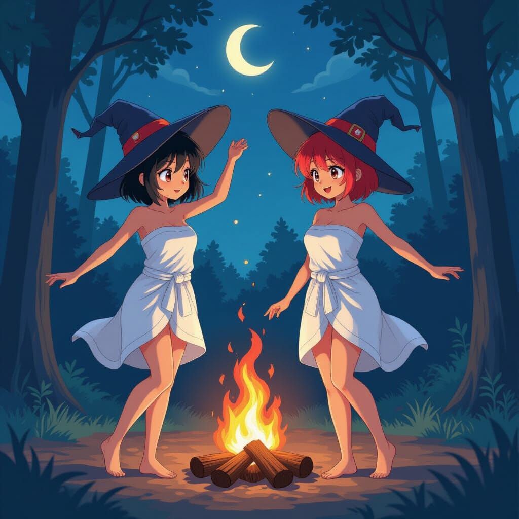 Anime Women Dancing by Fire, Comic Book Art