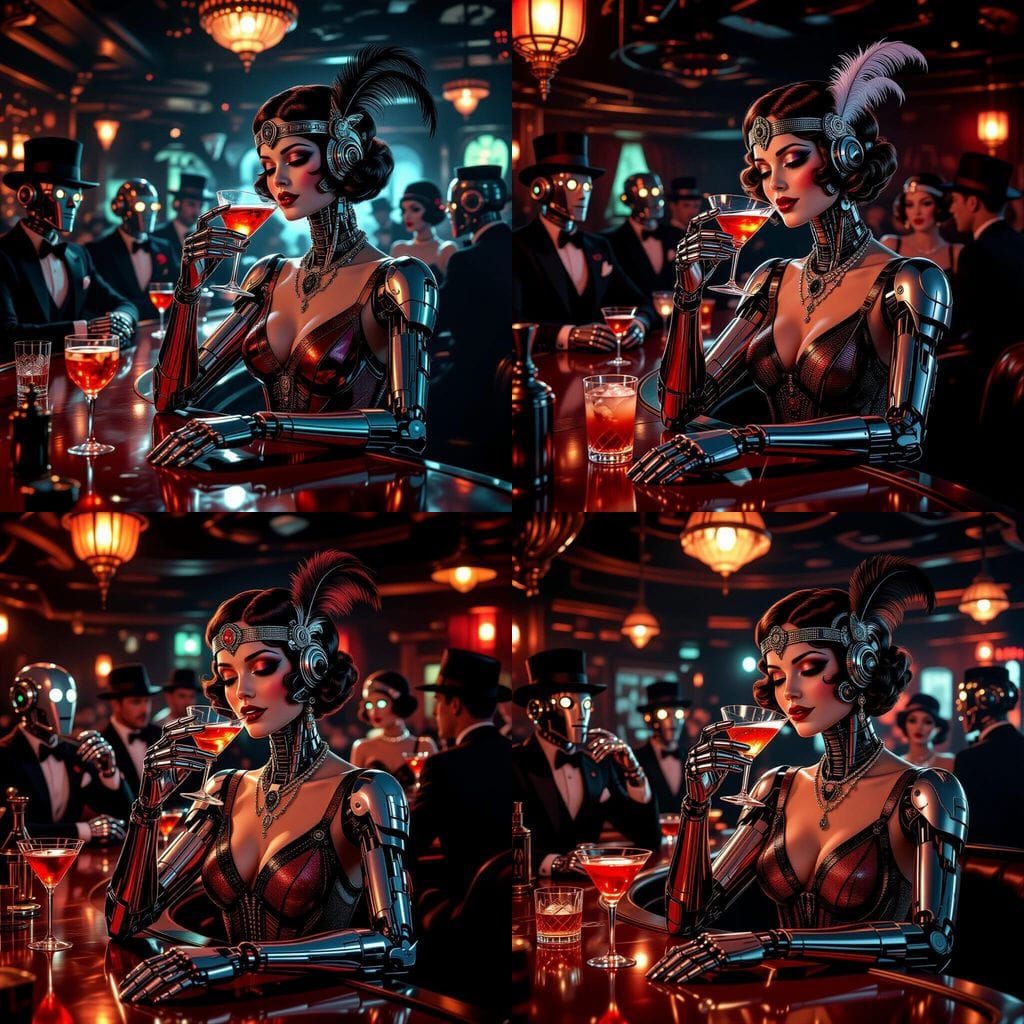 Flapper Cyborg in Speakeasy, in Cyberpunk Art Deco Style