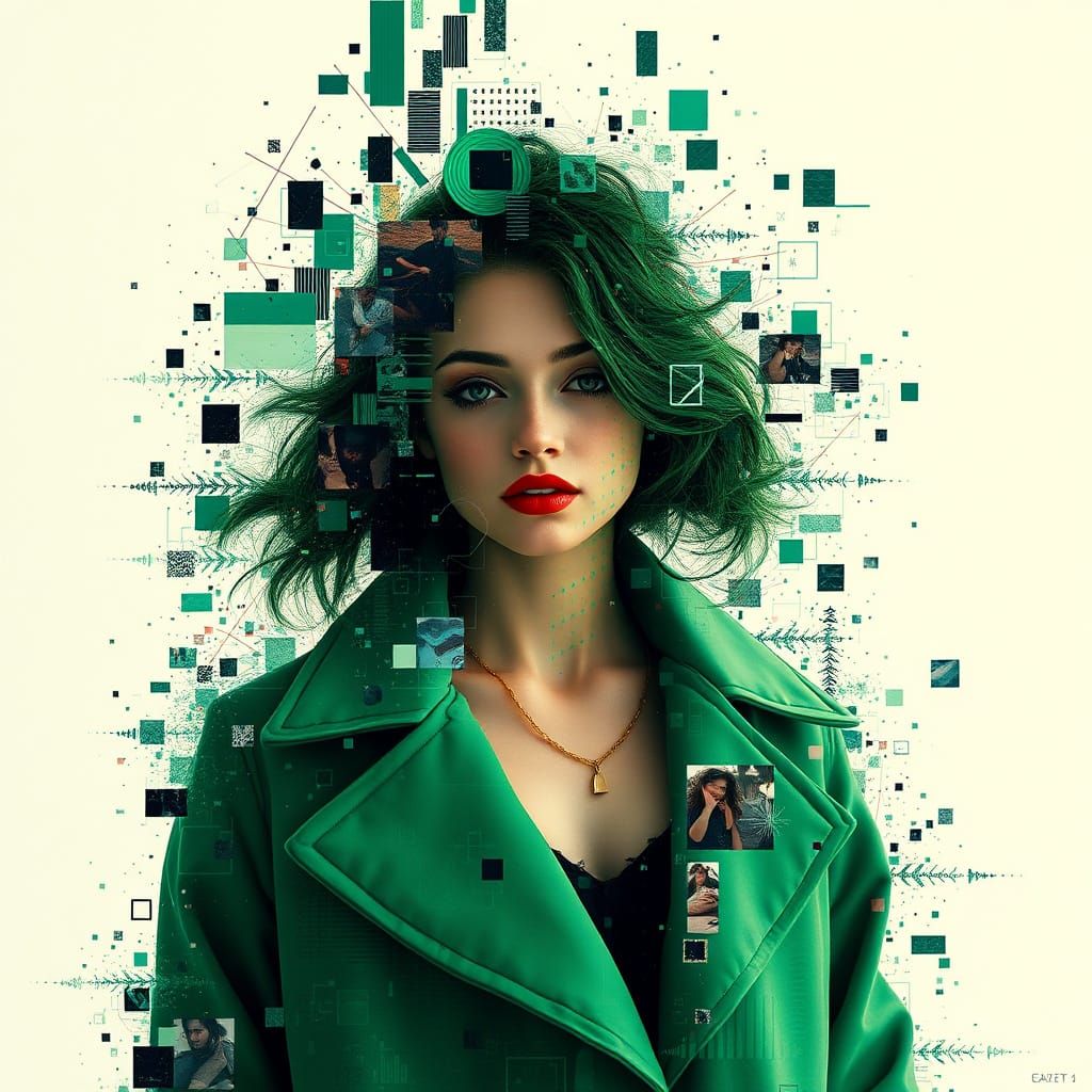 A digital glitch collage of a woman in a green emerald coat fragments distorted images, pixel shifts, data-laden texture...