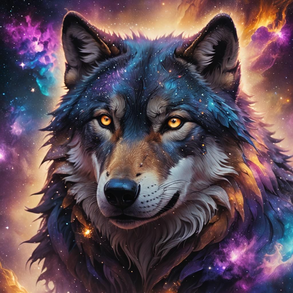 Wolf Face in Galaxy: Detailed Matte Painting