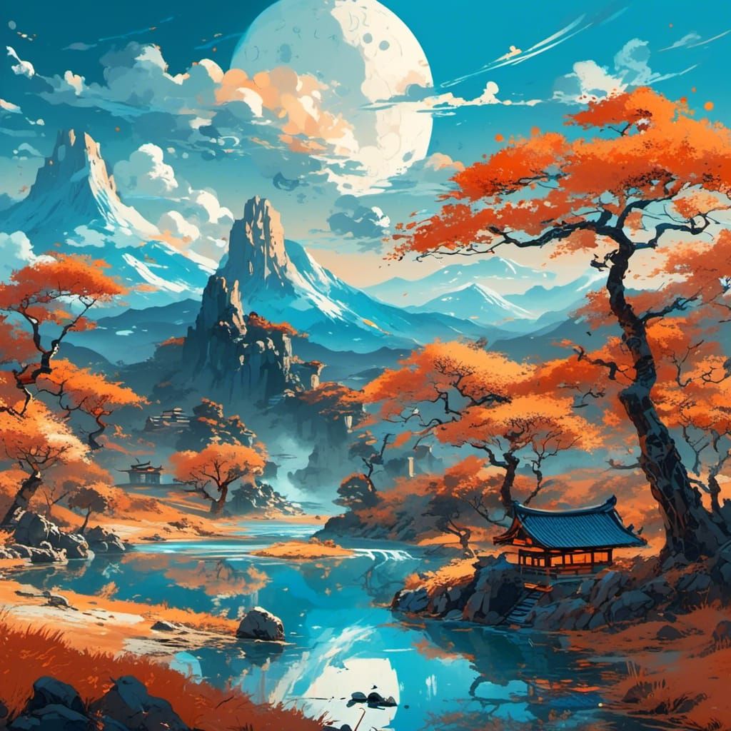 Dreamlike Landscape in Ukiyo-e Style with Volumetric Lightin...
