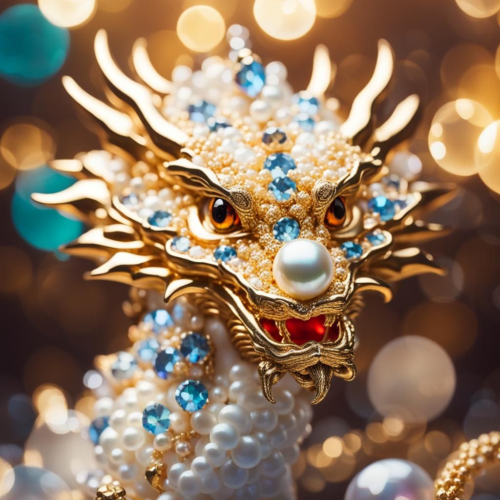 Pearl Dragon Surrounded by Gems in Professional Photo