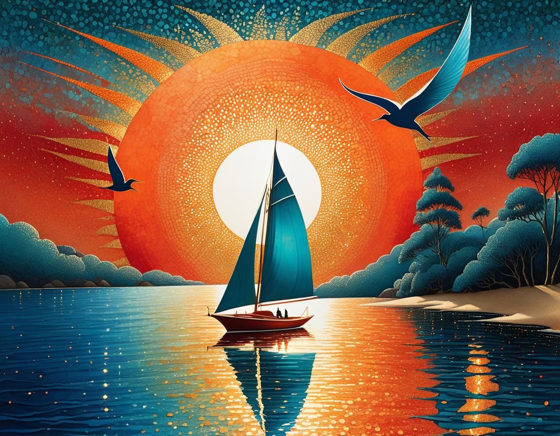 Teal Sailboat at Sunset: Mixed Media Collage