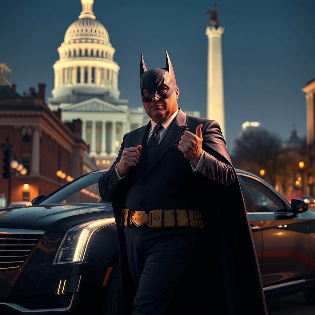 Donald Trump is Batman, a sharp flashy Batman and Washington...